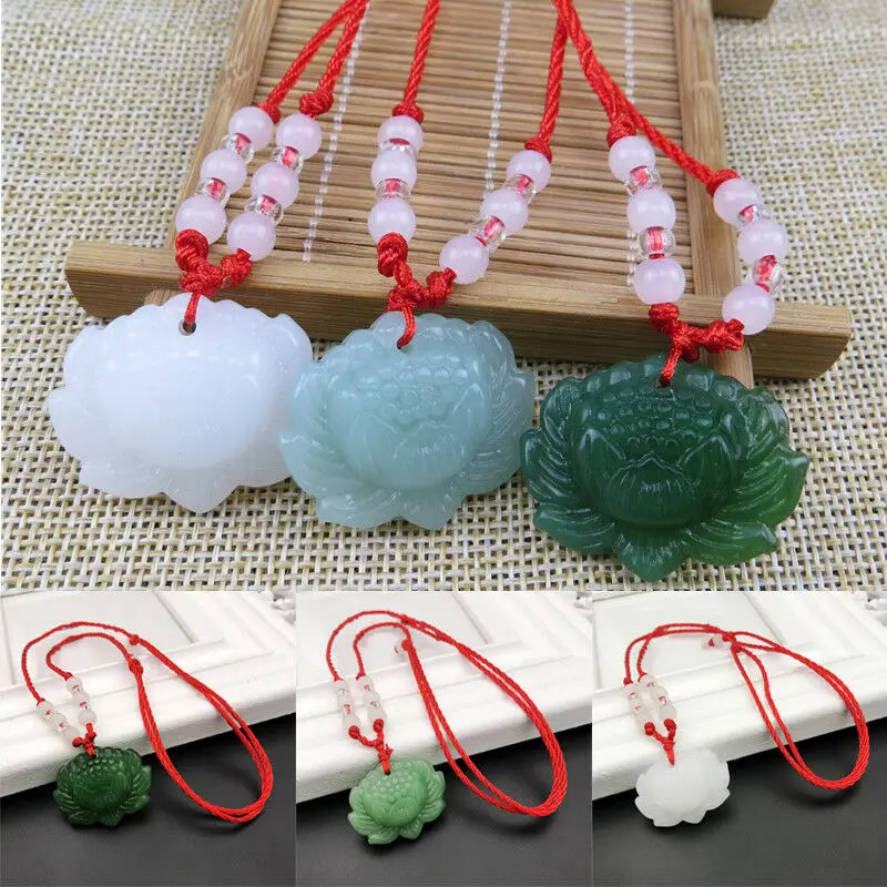 Jewelry Making With Beads - สร้อยคอจี้ลูกปัดหยกเขียวธรรมชาติรูปดอกบัว เครื่องประดับแฟชั่น แกะสลักด้วยมือ เครื่องรางนำโชคสำหรับผู้หญิง ของขวัญ