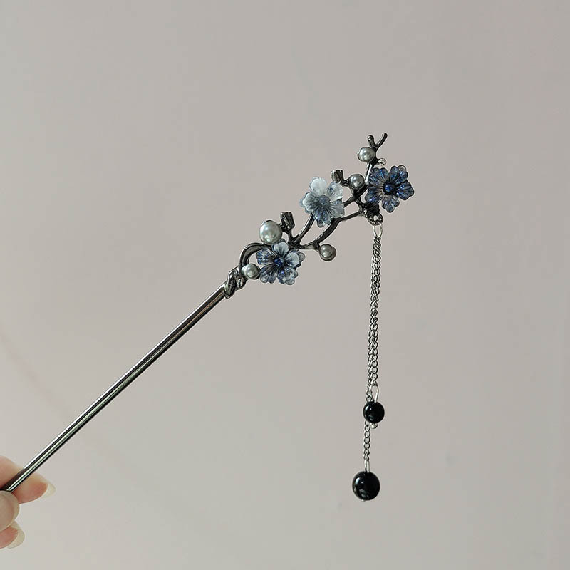 Jewelry Making With Beads - กิ๊บติดผมแบบคลาสสิก ลายดอกไม้สีหมึก ประดับพู่โลหะ สำหรับผู้หญิง ประดับมุกสีดำ ลูกปัด